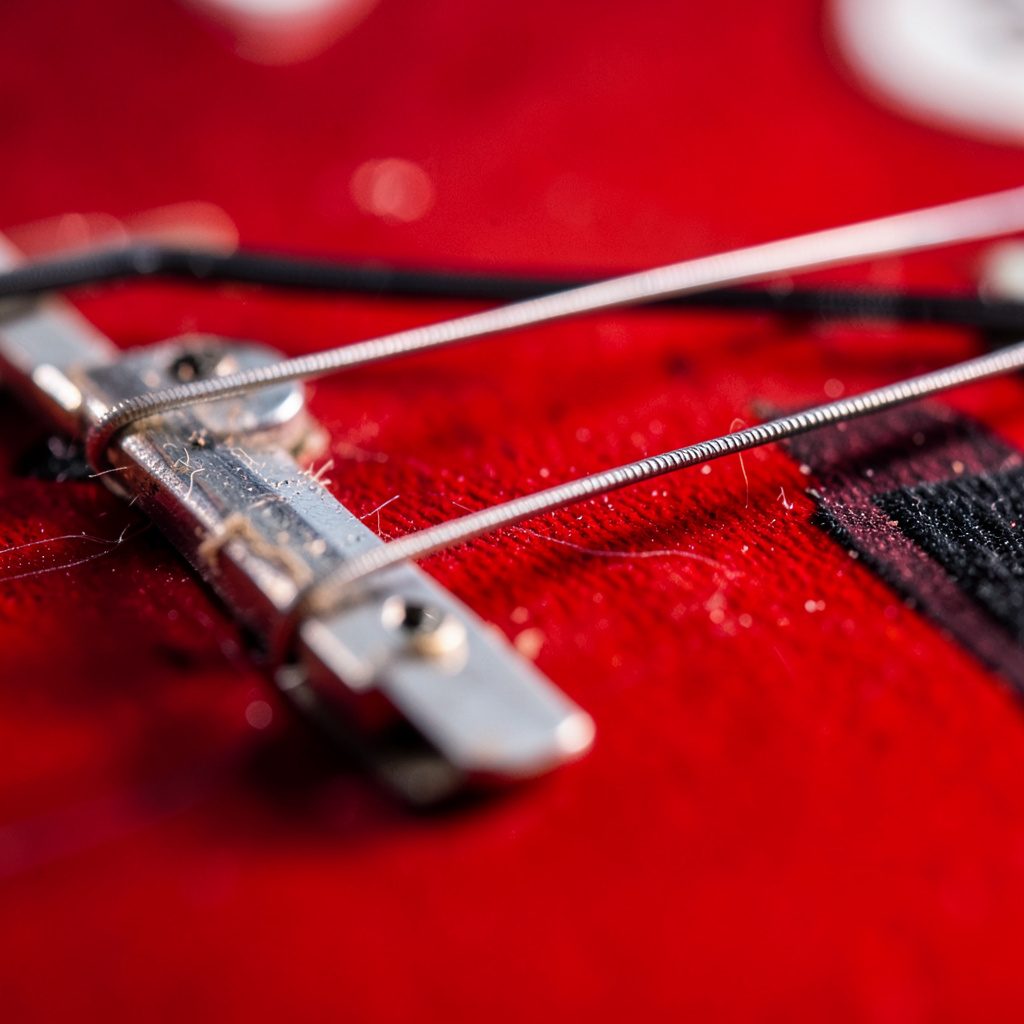 Close-up of electric guitar strings and metal frets, steel tones with a cool, precise mood