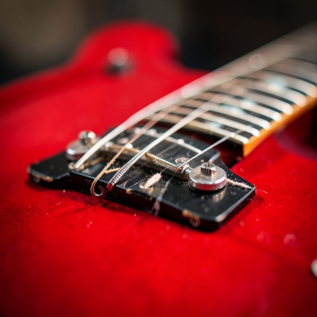 Electric guitar with a bright finish displayed against a simple studio backdrop, clean and polished mood